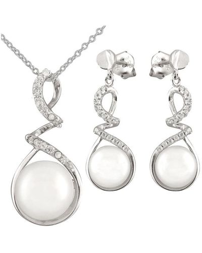 Splendid Rhodium Plated Silver 7-9mm Pearl Drop Earrings & Necklace Set - White