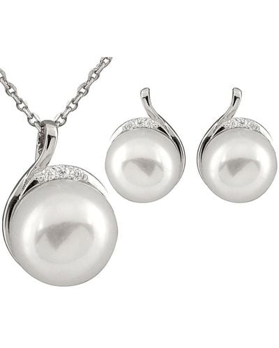 Splendid Silver 9-10mm Freshwater Pearl & Cz Earrings & Necklace Set Set - White