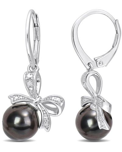 Rina Limor Silver 0.02 Ct. Tw. Diamond 8-9mm Pearl Bow Earrings - White