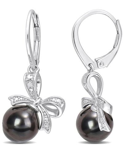 Rina Limor Silver 0.02 Ct. Tw. Diamond 8-9mm Pearl Bow Earrings - White
