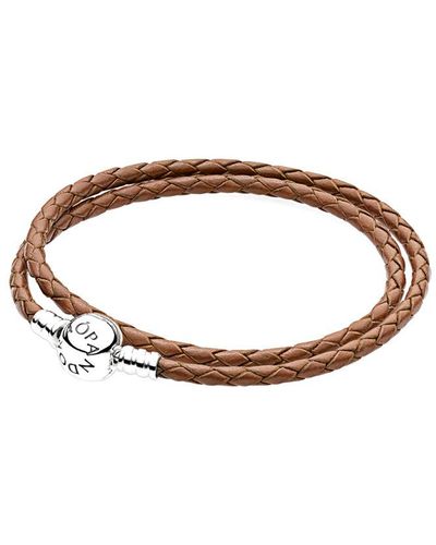 PANDORA Charm Carrier Brown & Silver Braided Double Leather Charm Bracelet