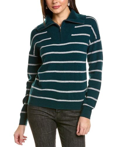 Amicale Cashmere Striped Quarter-zip Cashmere Pullover - Green