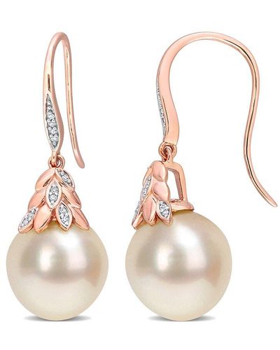 Rina Limor Contemporary Pearls 14k Rose Gold Diamond 12-12.5mm Pearl Earrings - White