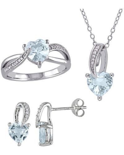 Rina Limor Silver 4.40 Ct. Tw. Diamond & Aquamarine Heart Jewelry Set - Multicolor