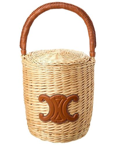 Celine Logo Wicker & Leather Basket Tote - Natural