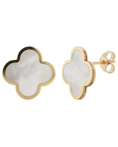 Italian Gold 14K Italian Pearl Clover Studs - Metallic