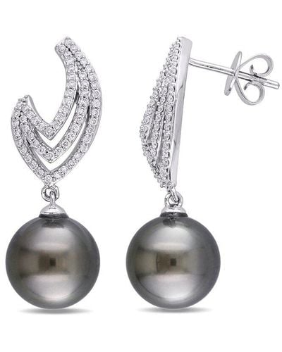 Pearls 14k 0.36 Ct. Tw. Diamond 10-10.5mm Pearl Flame Drop Earrings - White