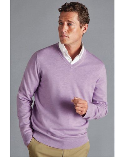 Charles Tyrwhitt Melange Pure Merino Wool V Neck Sweater - Purple