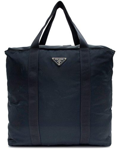 Prada Tessuto Nylon Jacquard Vertical Duffle Bag (Authentic Pre-Owned) - Blue
