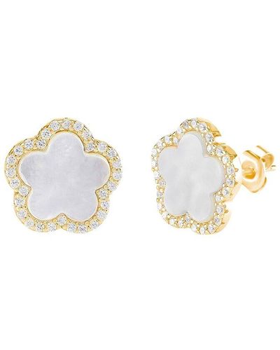 Gabi Rielle Rise Above The Crowd Collection 14k Over Silver .5in Pearl Cz Flower Studs - White