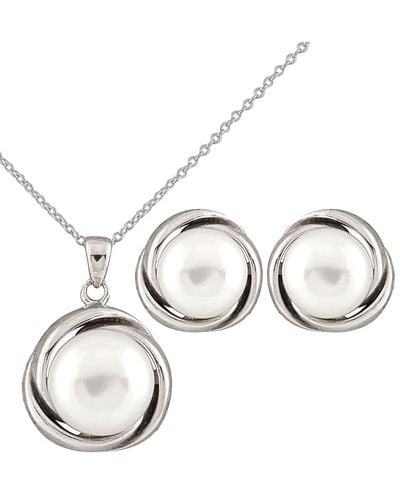 Splendid Rhodium Plated Silver 9-11mm Freshwater Pearl Necklace & Earrings Set - Natural