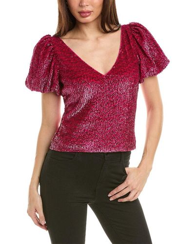 EMILY SHALANT Puff Sleeve Sequin Top - Red