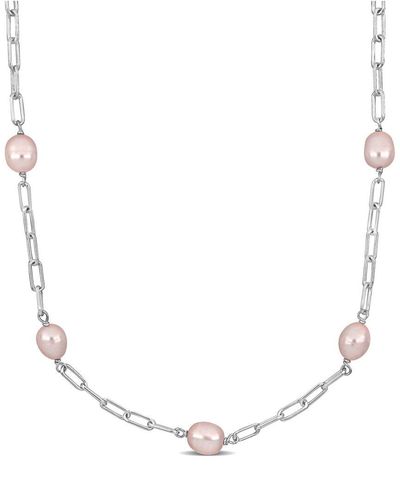 Rina Limor Silver 8-9mm Pearl Oval Link Necklace - Natural