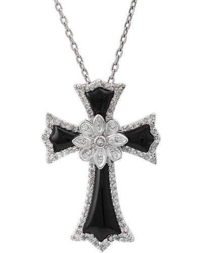 Diamond Select Cuts Silver 0.25 Ct. Tw. Diamond & Onyx Cross Necklace - White