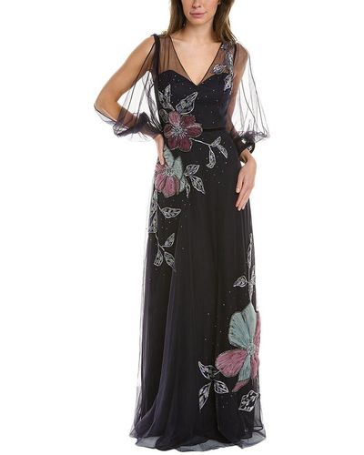 Marchesa Beaded Floral Tulle Gown - Black
