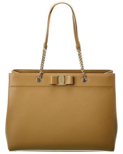 Ferragamo Vara Bow Double Handle Leather Tote - Natural
