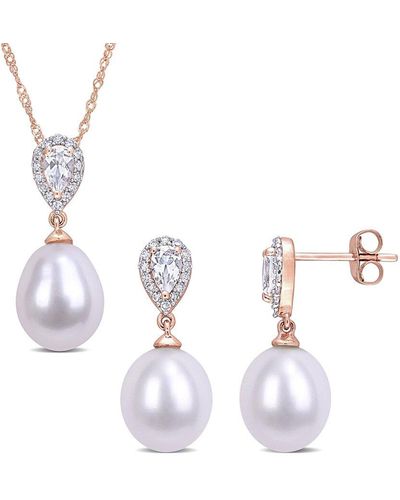 Rina Limor 10k Rose Gold 0.93 Ct. Tw. Diamond & White Topaz 9-9.5mm Pearl Jewelry Set