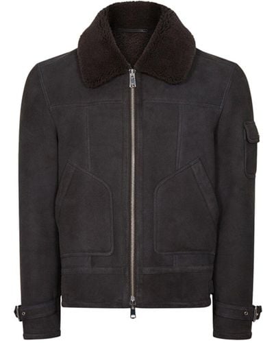 Reiss York Suede Shearling Leather Jacket - Black