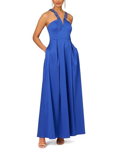 AIDAN AIDAN MATTOX Womens Blue Metallic Zippered Cut Out Back Ribbed Sheer Lined Printed Spaghetti Strap Surplice Neckline Midi Party Empire Waist Dress main image 0