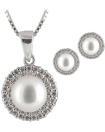 Splendid Silver 9-9.5mm Freshwater Pearl & Cz Drop Earrings & Necklace Set - Metallic