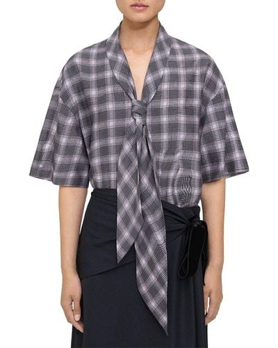 Theory Wrinkle Check Silk-blend Top - Gray