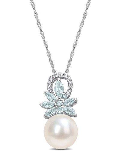 Rina Limor 14k 0.67 Ct. Tw. Diamond & Aquamarine 9.5-10mm Pearl Flower Pendant Necklace - Metallic