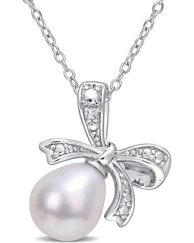 Rina Limor Silver 0.01 Ct. Tw. Diamond 8.5-9mm Pearl Bow Pendant Necklace - White