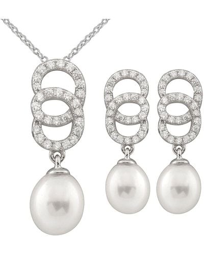 Splendid Silver 7-8mm Freshwater Pearl & Cz Earrings & Necklace Set Set - White