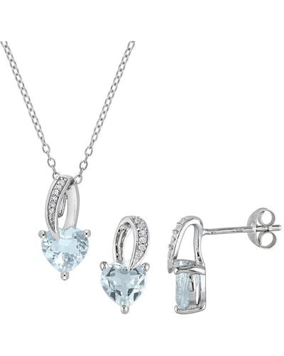 Rina Limor Silver 2.85 Ct. Tw. Diamond & Aquamarine Pendant & Stud Jewelry Set - Metallic