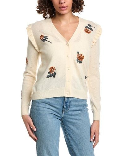 Minnie Rose Embroidered Flower Ruffled Cashmere Cardigan - Blue