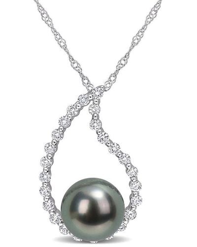 Rina Limor 10k 0.38 Ct. Tw. White Sapphire 8-8.5mm Pearl Necklace - Metallic