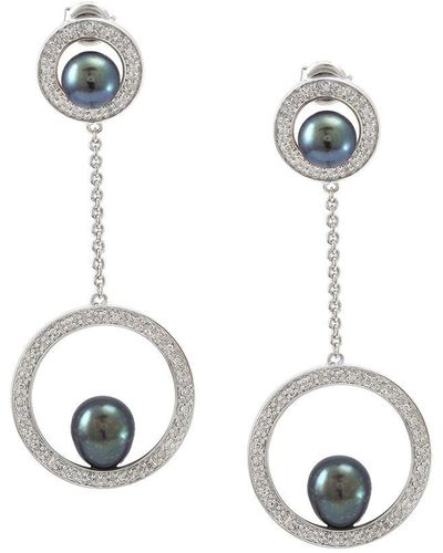 Pearls Silver 0.28 Ct. Tw. Diamond Pearl Earrings - Metallic