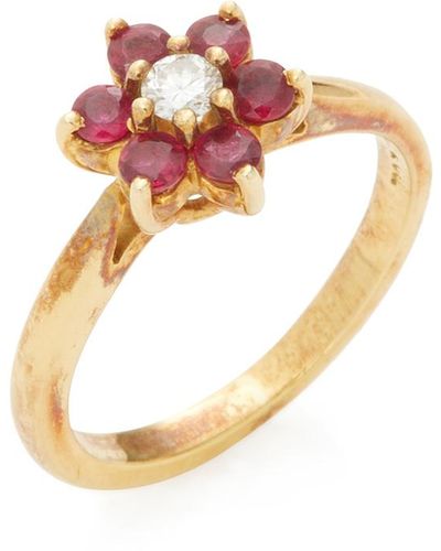 Tiffany & Co. Vintage 18k Yellow Gold, Red Stone & Diamond Flower Ring - Metallic
