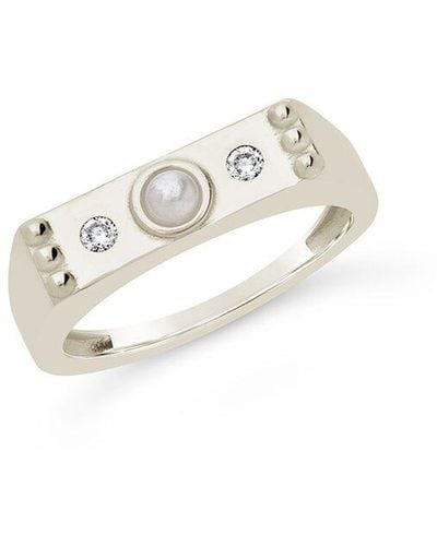 Sterling Forever Silver 3mm Faux Pearl Cz Bar Ring - White