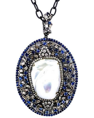 Arthur Marder Fine Jewelry Silver 2.00 Ct. Tw. Diamond, Sapphire, & 19-25mm Pearl Pendant Necklace - Blue