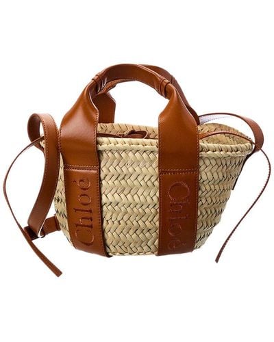 Chloé Sense Small Raffia & Leather Basket Tote - Brown