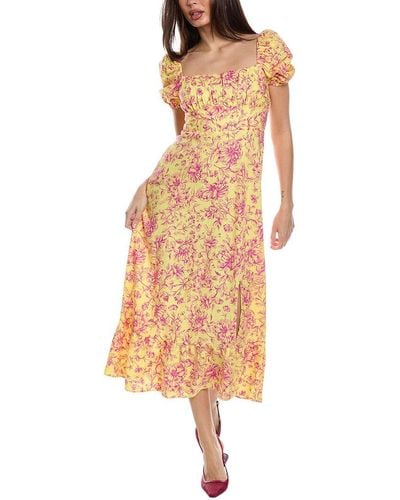London Times Puff Sleeve Linen-blend Midi Dress - Yellow