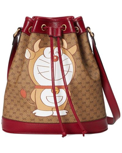 Gucci Doraemon Printed Coated Canvas & Leather Bucket Bag - Red