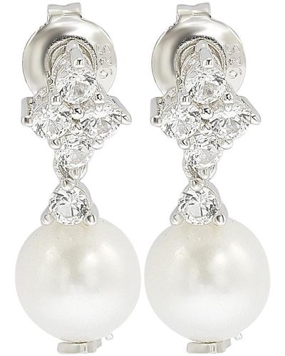 Suzy Levian Silver 0.60 Ct. Tw. Sapphire & 8mm Pearl Drop Earrings - White