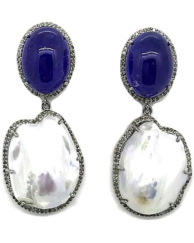 Arthur Marder Fine Jewelry Silver 1.40 Ct. Tw. Diamond, Tanzanite, & 19-25mm Pearl Earrings - Blue