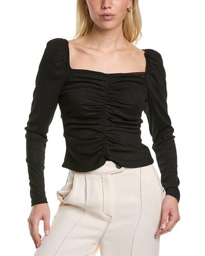 BCBGMAXAZRIA Fitted Long Sleeve Top Ruched Bodice Sweetheart Neck Shirt - Black