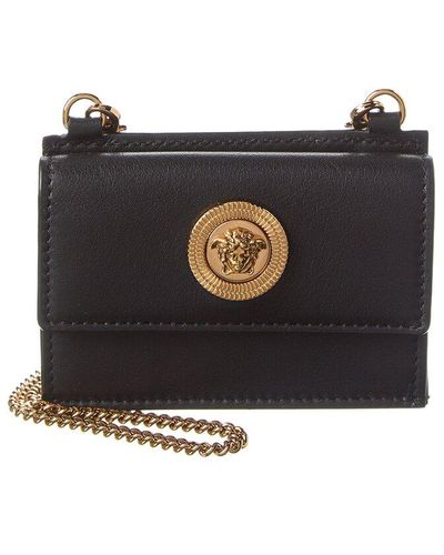 Versace Logo Leather Card Case On Chain - Black