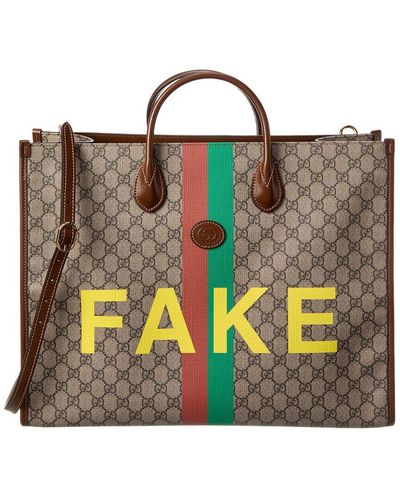 Gucci Fake/not Print Large GG Supreme Canvas & Leather Tote - Natural