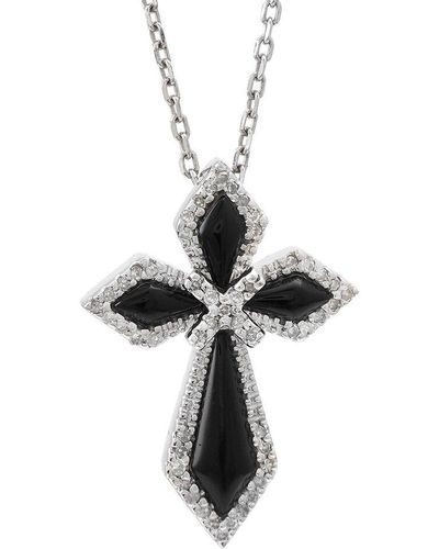 Diamond Select Cuts Silver 0.15 Ct. Tw. Diamond & Onyx Cross Necklace - White