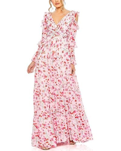 Mac Duggal Floral Print Drop Shoulder Ruffle Sleeve Gown - Pink