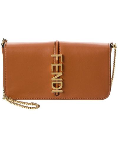 Fendi Graphy Leather Wallet On Chain - Brown