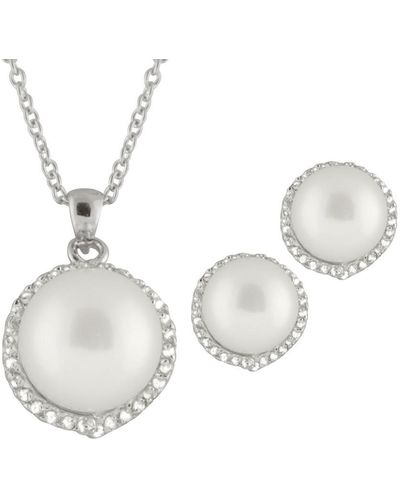 Splendid Silver 9-9.5mm Pearl & Cz Necklace & Drop Earrings Set - White