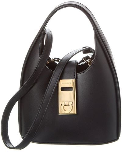 Ferragamo Gancini Buckle Leather Hobo Bag - Black