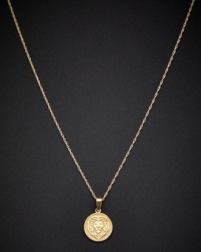 Italian Gold 14k Lion's Head Disc Necklace - Black