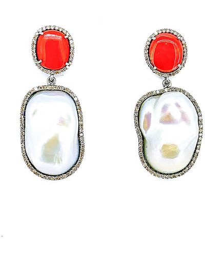 Arthur Marder Fine Jewelry Silver 1.25 Ct. Tw. Diamond, Coral, & Pearl Earrings - Red